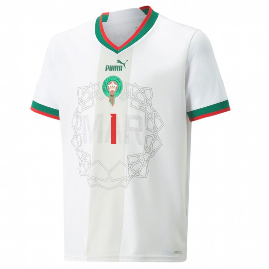 Hombre Camiseta Marruecos Yassine Bounnou #1 Blanco 2ª Equipación 22-24 La Camisa Chile