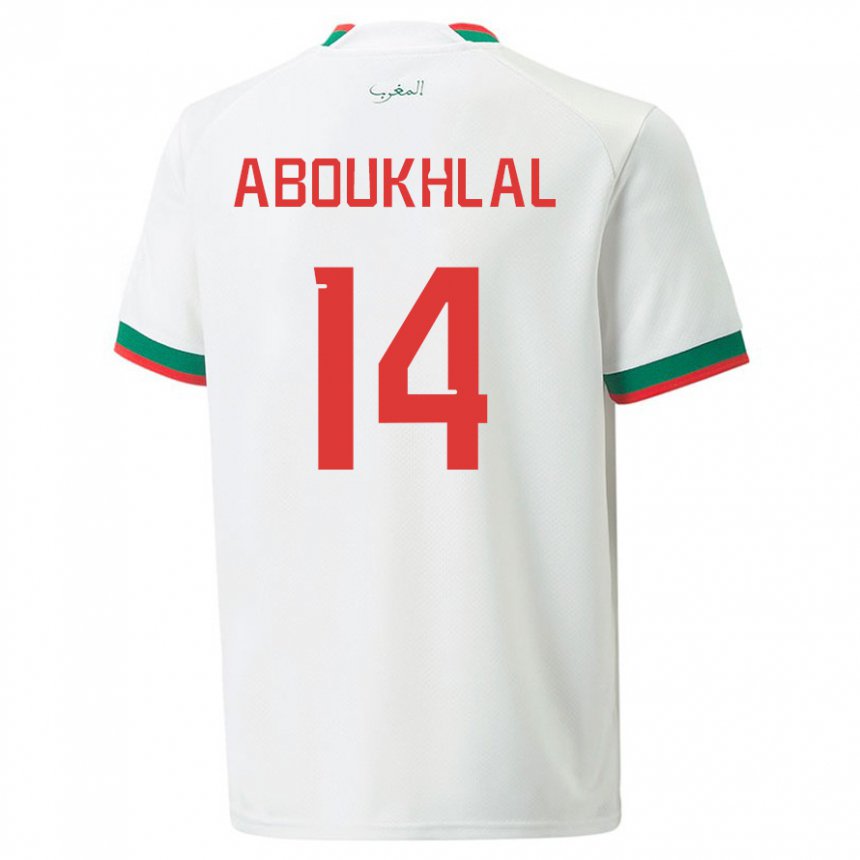 Hombre Camiseta Marruecos Zakaria Aboukhlal #14 Blanco 2ª Equipación 22-24 La Camisa Chile