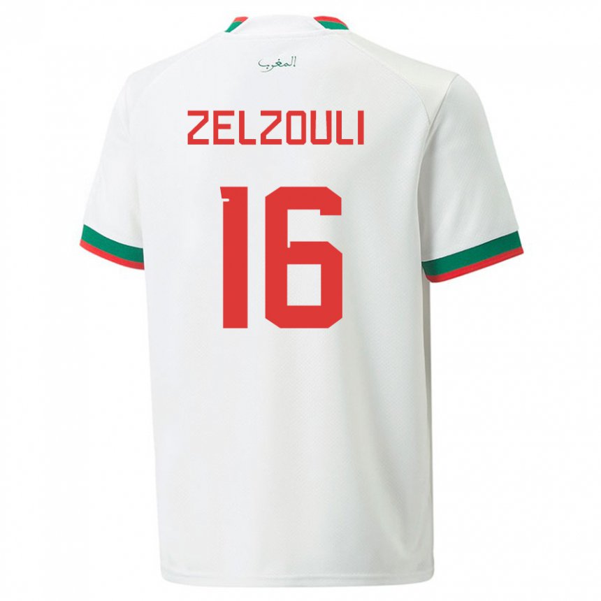 Hombre Camiseta Marruecos Abdessamad Zelzouli #16 Blanco 2ª Equipación 22-24 La Camisa Chile