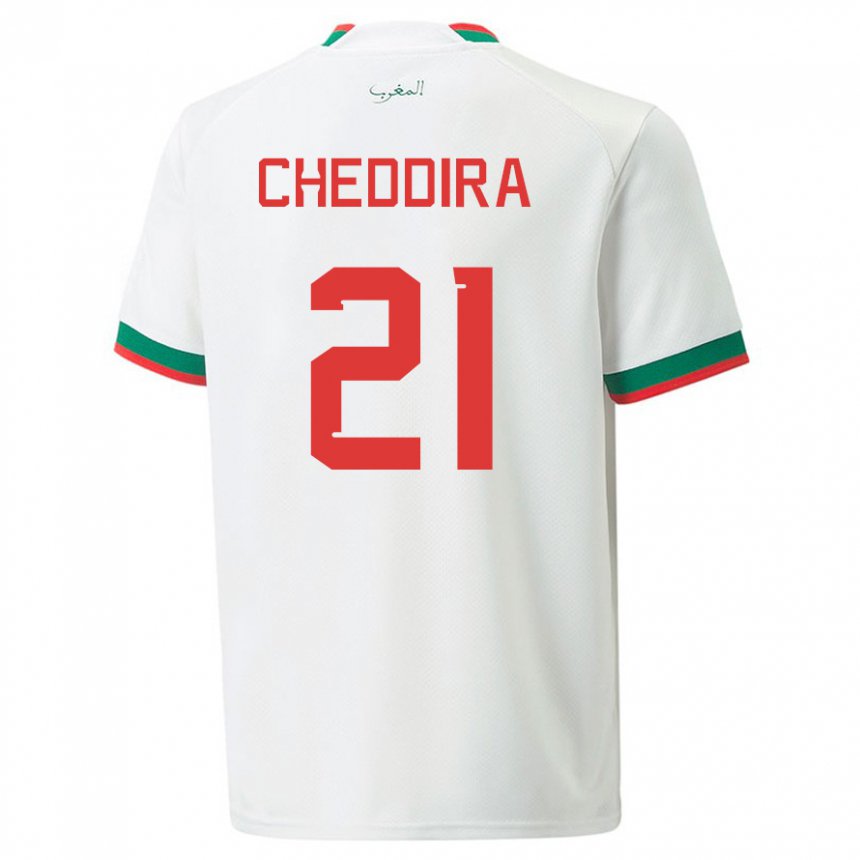 Mujer Camiseta Marruecos Walid Cheddira #21 Blanco 2ª Equipación 22-24 La Camisa Chile