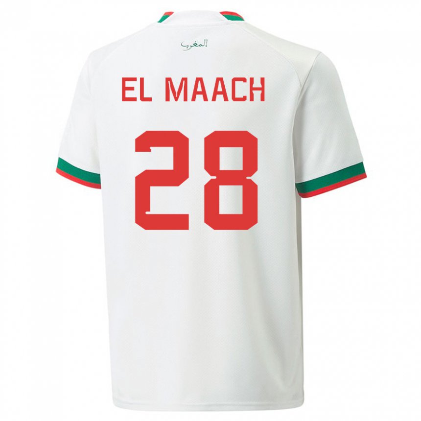 Mujer Camiseta Marruecos Fouad El Maach #28 Blanco 2ª Equipación 22-24 La Camisa Chile