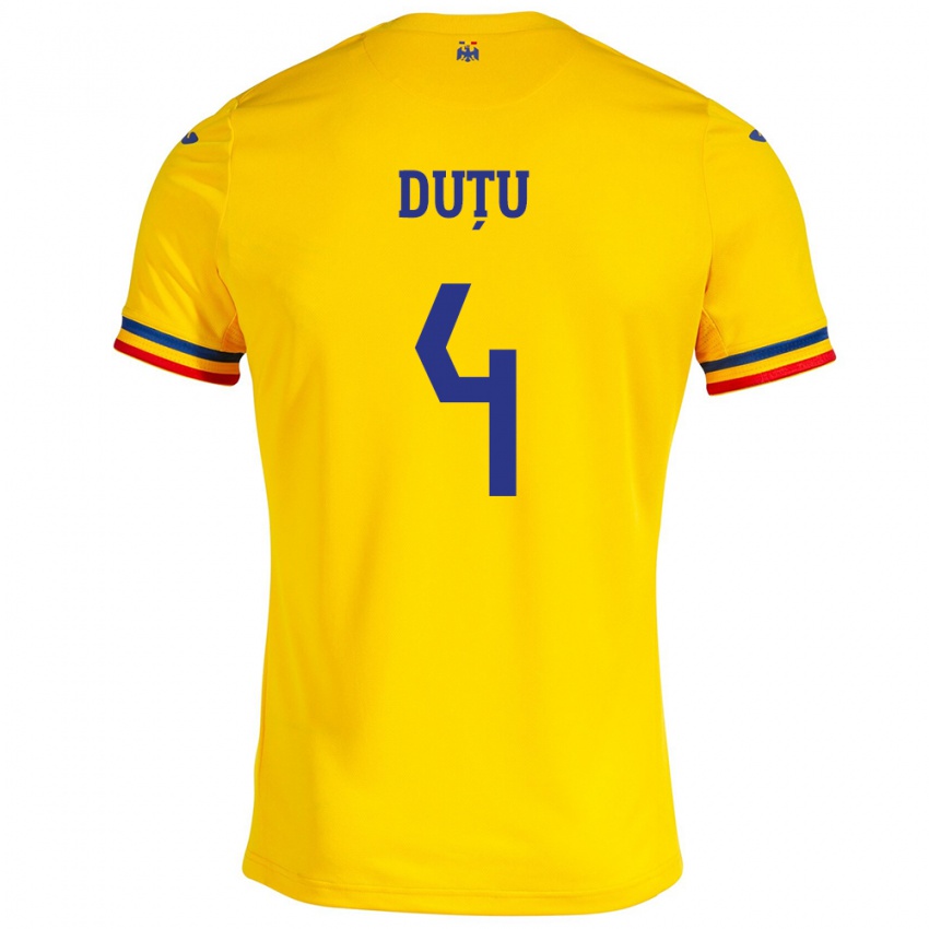 Mujer Camiseta Rumania Ștefan Duțu #4 Amarillo 1ª Equipación 24-26 La Camisa Chile