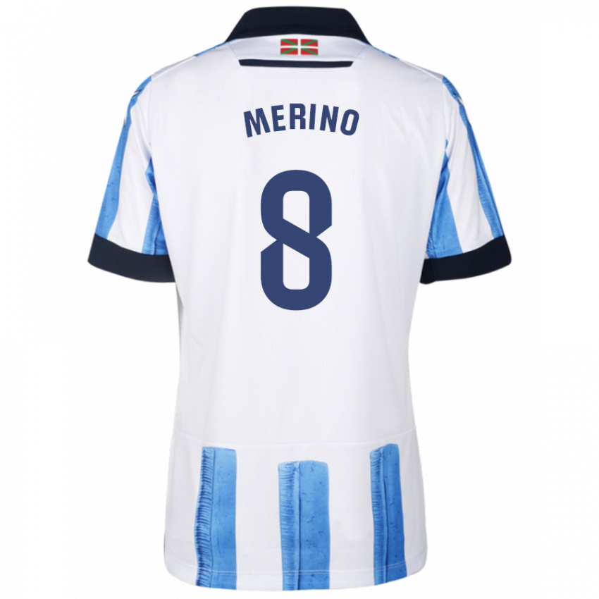 Hombre Camiseta Mikel Merino #8 Azul Blanco 1ª Equipación 2023/24 La Camisa Chile