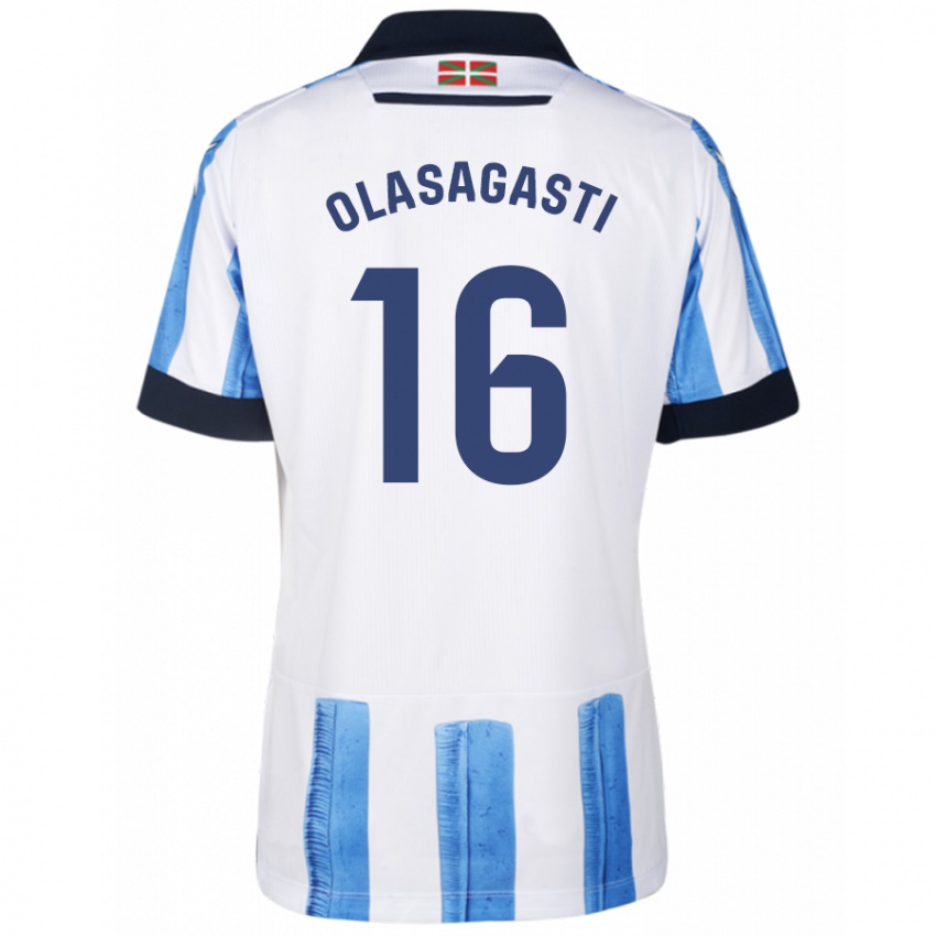 Hombre Camiseta Jon Ander Olasagasti #16 Azul Blanco 1ª Equipación 2023/24 La Camisa Chile