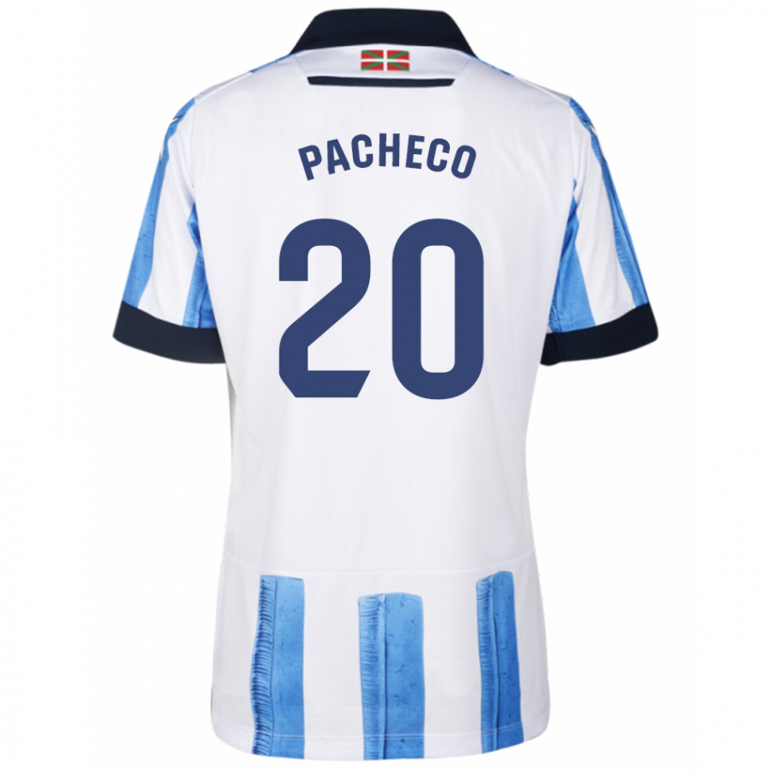 Mujer Camiseta Jon Pacheco #20 Azul Blanco 1ª Equipación 2023/24 La Camisa Chile