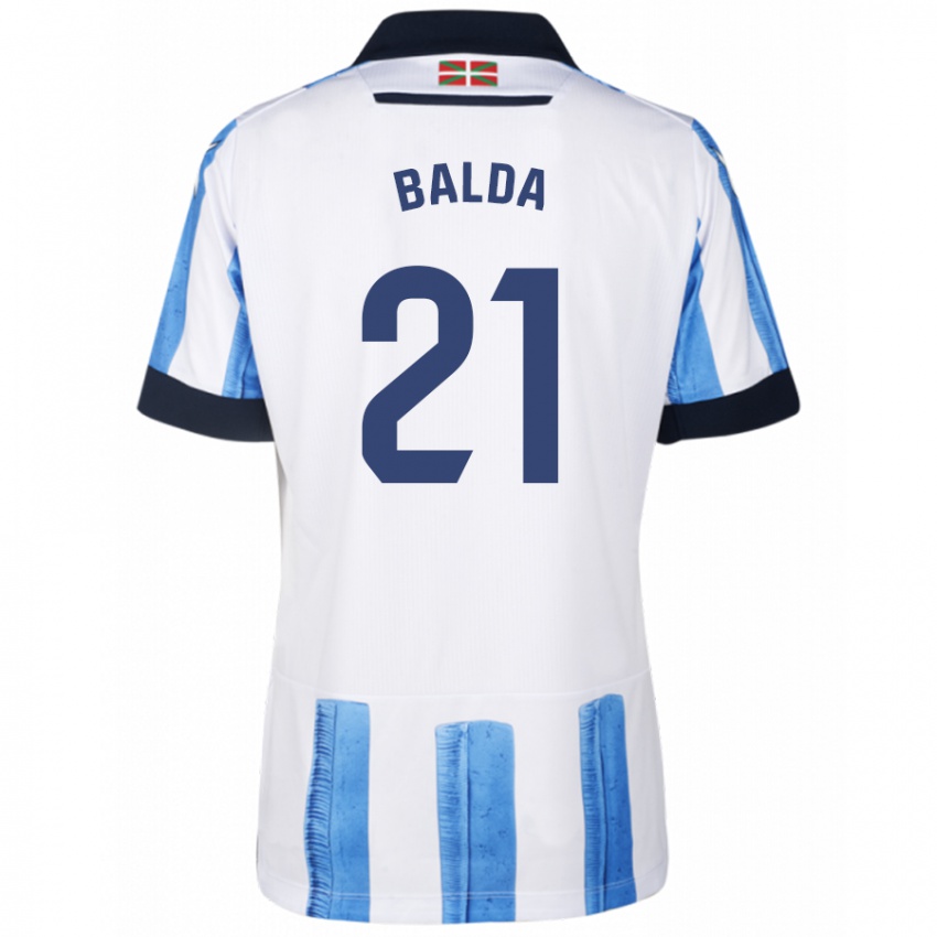 Mujer Camiseta Jon Balda #21 Azul Blanco 1ª Equipación 2023/24 La Camisa Chile