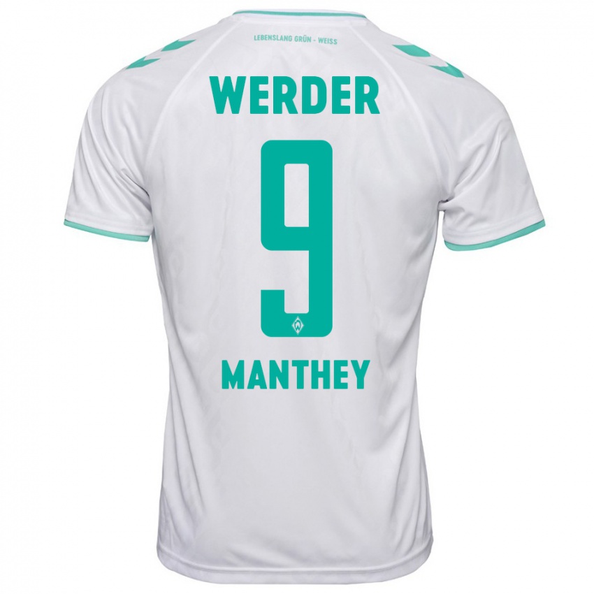 Mujer Camiseta Kevin Manthey #9 Blanco 2ª Equipación 2023/24 La Camisa Chile