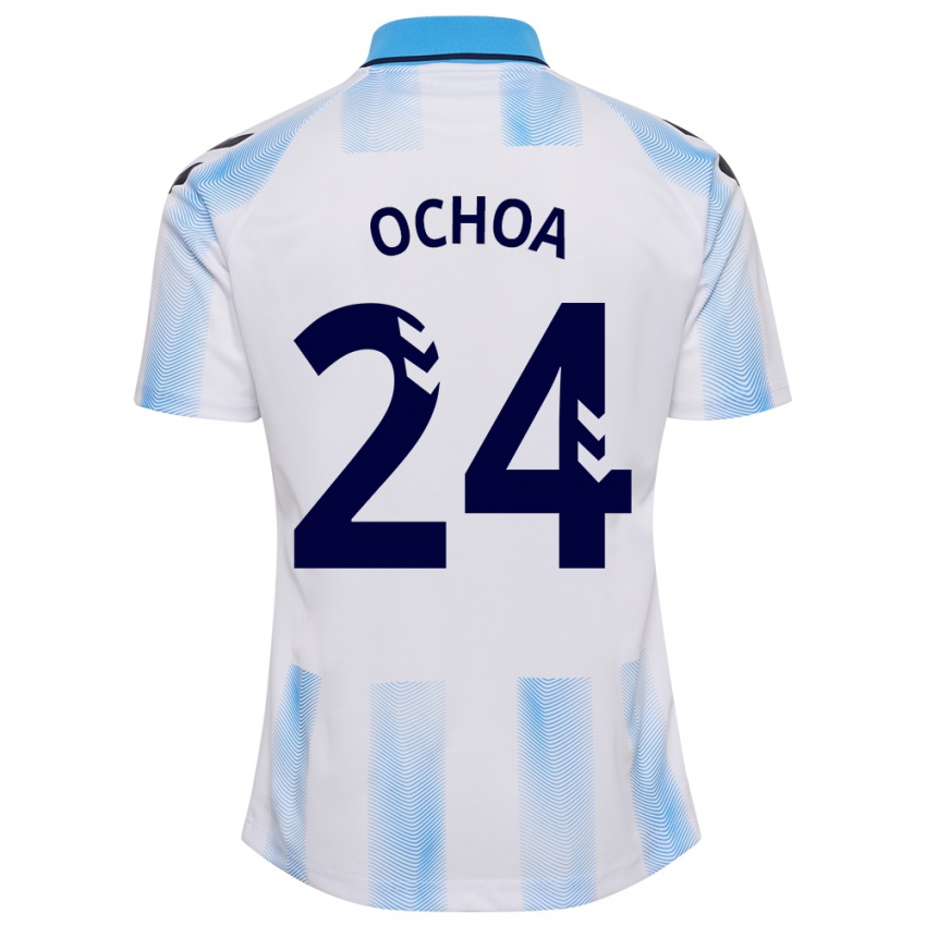Hombre Camiseta Aarón Ochoa #24 Blanco Azul 1ª Equipación 2023/24 La Camisa Chile