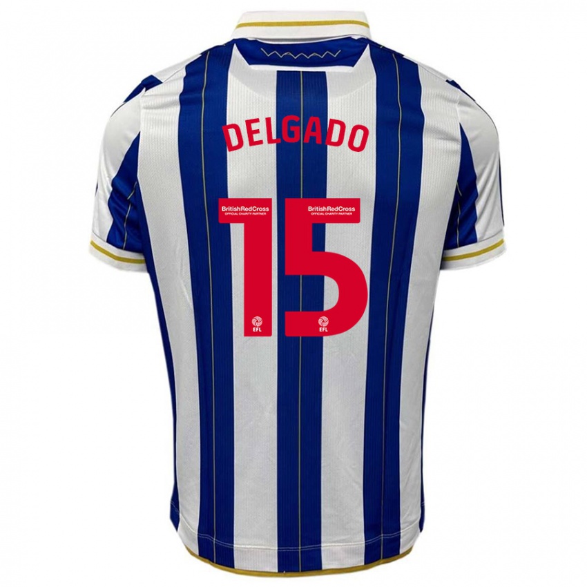 Hombre Camiseta Juan Delgado #15 Azul Blanco 1ª Equipación 2023/24 La Camisa Chile