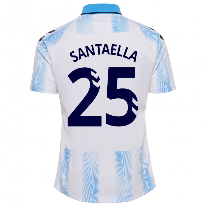 Mujer Camiseta Miguel Ángel Santaella #25 Blanco Azul 1ª Equipación 2023/24 La Camisa Chile