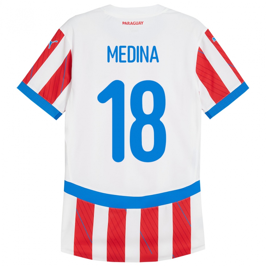 Niño Camiseta Paraguay Jesús Medina #18 Blanco Rojo 1ª Equipación 24-26 La Camisa Chile