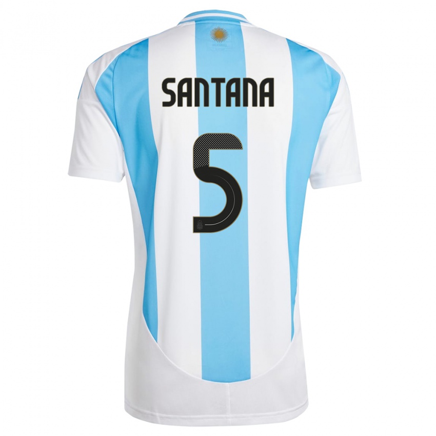 Hombre Camiseta Argentina Vanesa Santana #5 Blanco Azul 1ª Equipación 24-26 La Camisa Chile