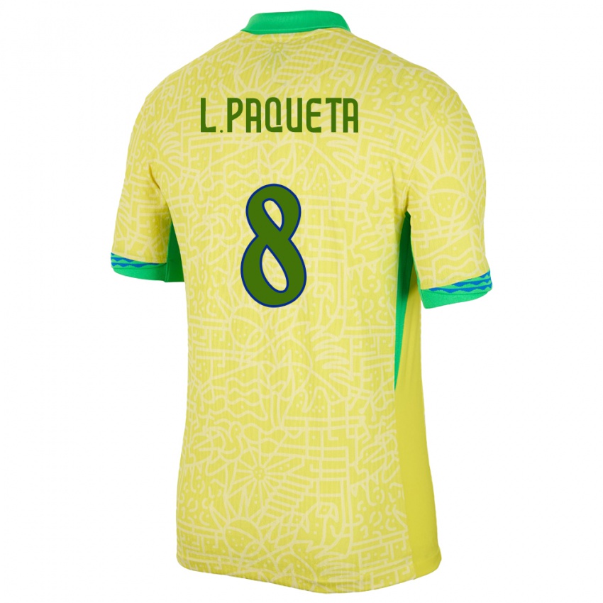 Hombre Camiseta Brasil Lucas Paqueta #8 Amarillo 1ª Equipación 24-26 La Camisa Chile