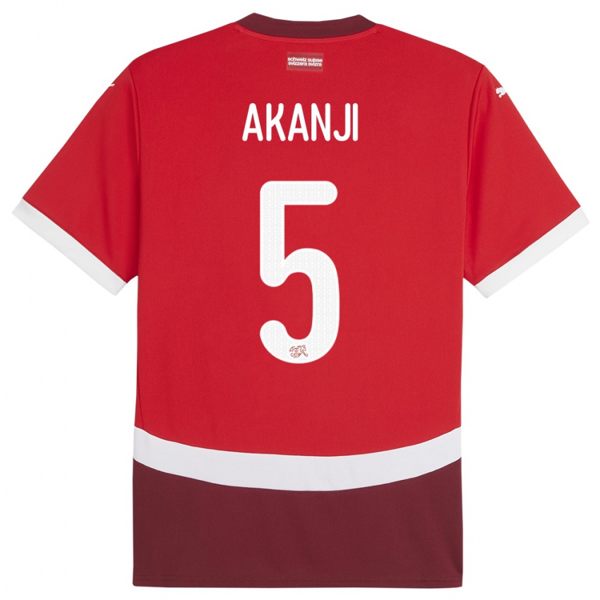 Hombre Camiseta Suiza Manuel Akanji #5 Rojo 1ª Equipación 24-26 La Camisa Chile