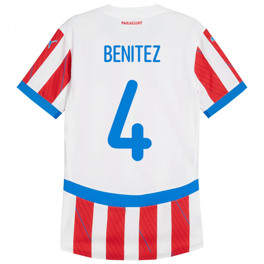 Hombre Camiseta Paraguay Gastón Benítez #4 Blanco Rojo 1ª Equipación 24-26 La Camisa Chile