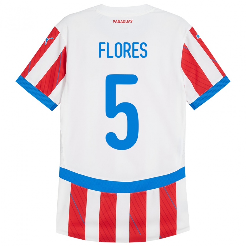 Hombre Camiseta Paraguay Gilberto Flores #5 Blanco Rojo 1ª Equipación 24-26 La Camisa Chile