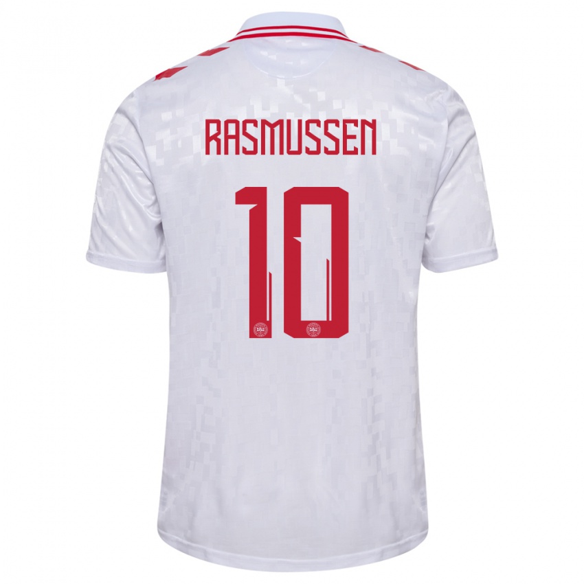 Hombre Camiseta Dinamarca Christian Rasmussen #10 Blanco 2ª Equipación 24-26 La Camisa Chile