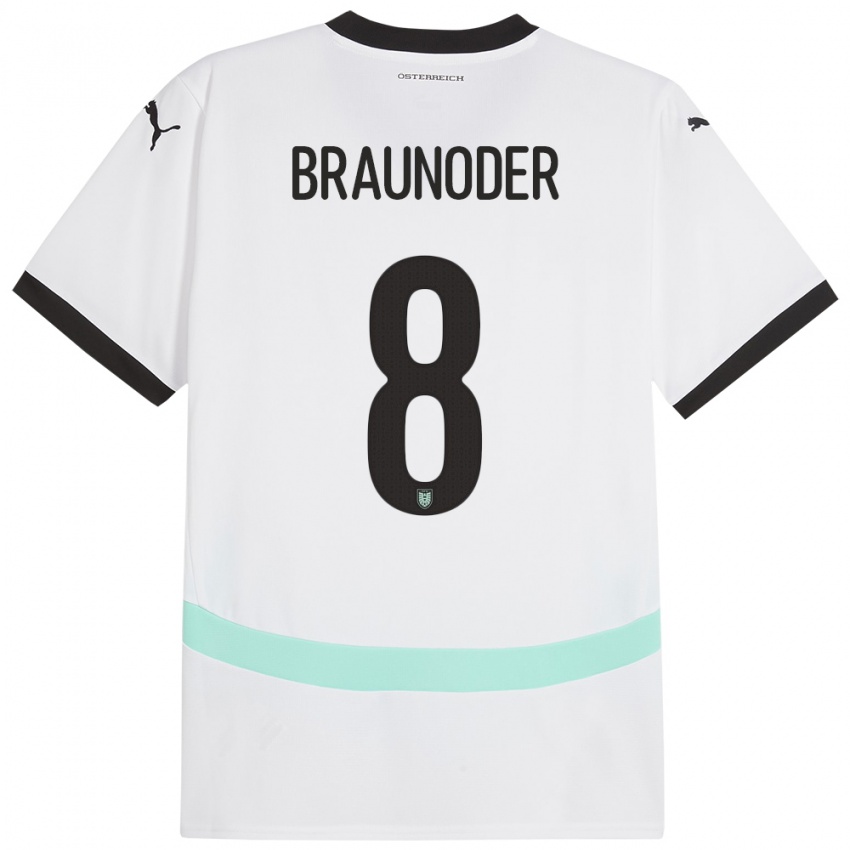 Hombre Camiseta Austria Matthias Braunöder #8 Blanco 2ª Equipación 24-26 La Camisa Chile