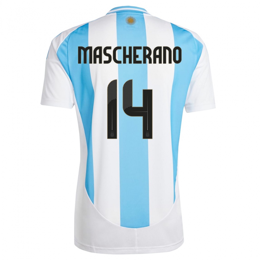 Mujer Camiseta Argentina Javier Mascherano #14 Blanco Azul 1ª Equipación 24-26 La Camisa Chile
