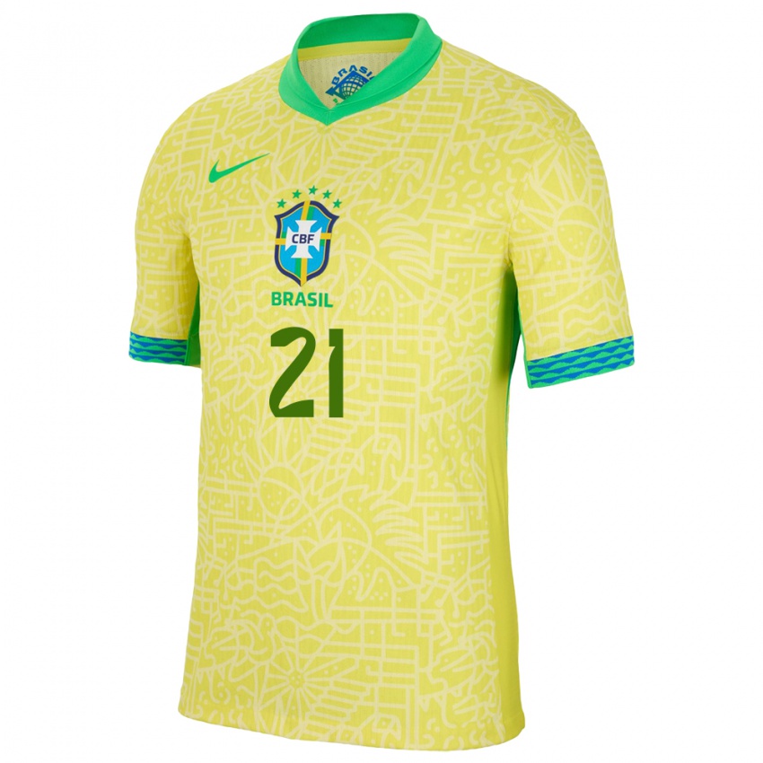 Mujer Camiseta Brasil Matheus Cunha #21 Amarillo 1ª Equipación 24-26 La Camisa Chile