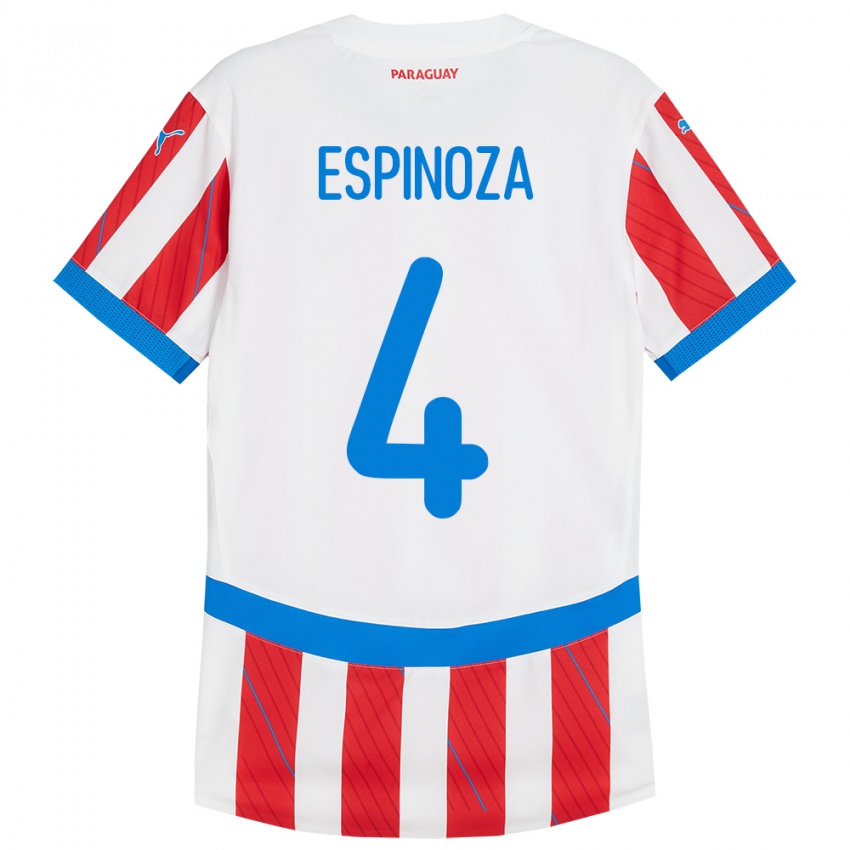 Mujer Camiseta Paraguay Matías Espinoza #4 Blanco Rojo 1ª Equipación 24-26 La Camisa Chile