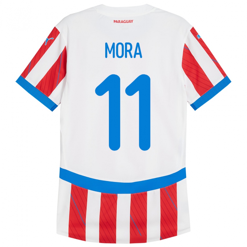 Mujer Camiseta Paraguay Jorge Mora #11 Blanco Rojo 1ª Equipación 24-26 La Camisa Chile