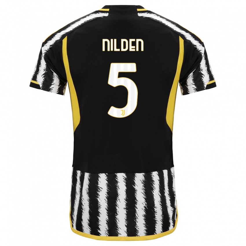 Niño Camiseta Amanda Nilden #5 Blanco Negro 1ª Equipación 2023/24 La Camisa Chile