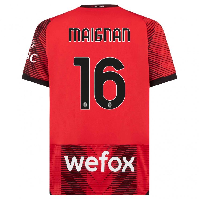 Hombre Camiseta Mike Maignan #16 Negro Rojo 1ª Equipación 2023/24 La Camisa Chile