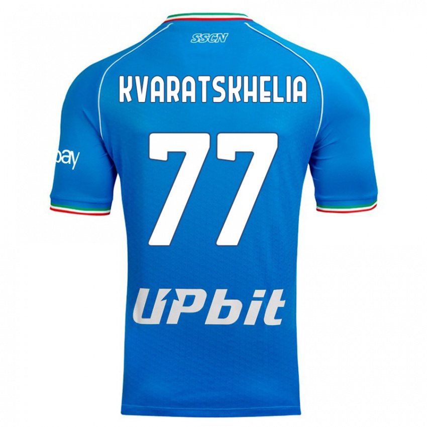 Hombre Camiseta Khvicha Kvaratskhelia #77 Cielo Azul 1ª Equipación 2023/24 La Camisa Chile