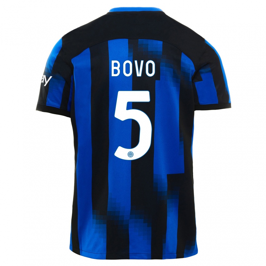 Hombre Camiseta Leonardo Bovo #5 Azul Negro 1ª Equipación 2023/24 La Camisa Chile