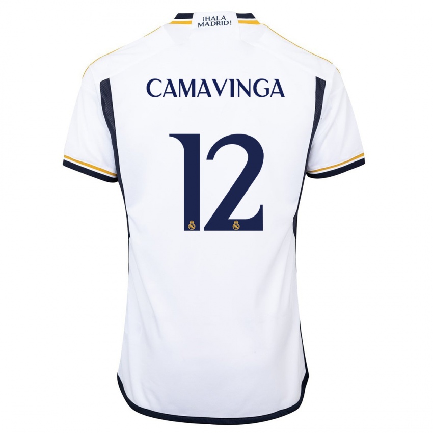 Mujer Camiseta Eduardo Camavinga #12 Blanco 1ª Equipación 2023/24 La Camisa Chile