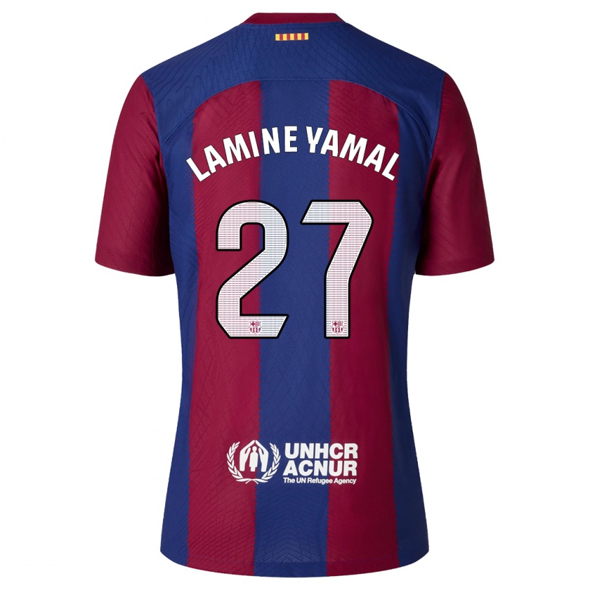 Mujer Camiseta Lamine Yamal #27 Rojo Azul 1ª Equipación 2023/24 La Camisa Chile