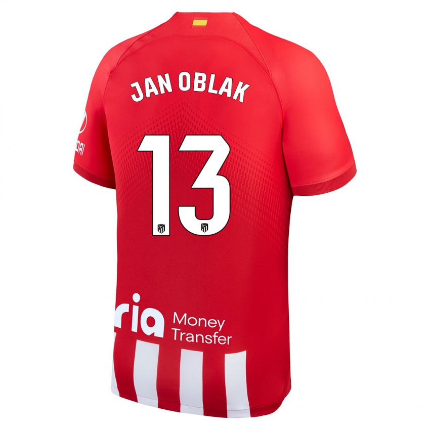 Mujer Camiseta Jan Oblak #13 Rojo Blanco 1ª Equipación 2023/24 La Camisa Chile