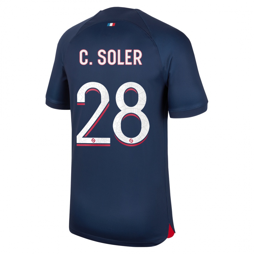 Mujer Camiseta Carlos Soler #28 Azul Rojo 1ª Equipación 2023/24 La Camisa Chile