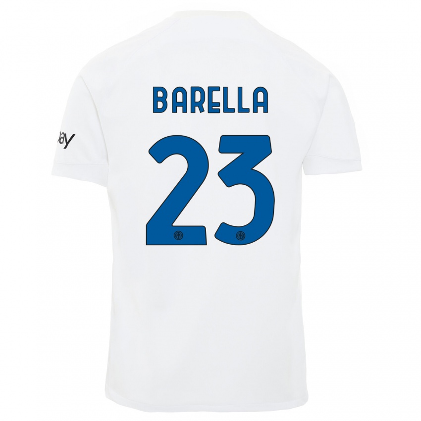 Mujer Camiseta Nicolo Barella #23 Blanco 2ª Equipación 2023/24 La Camisa Chile