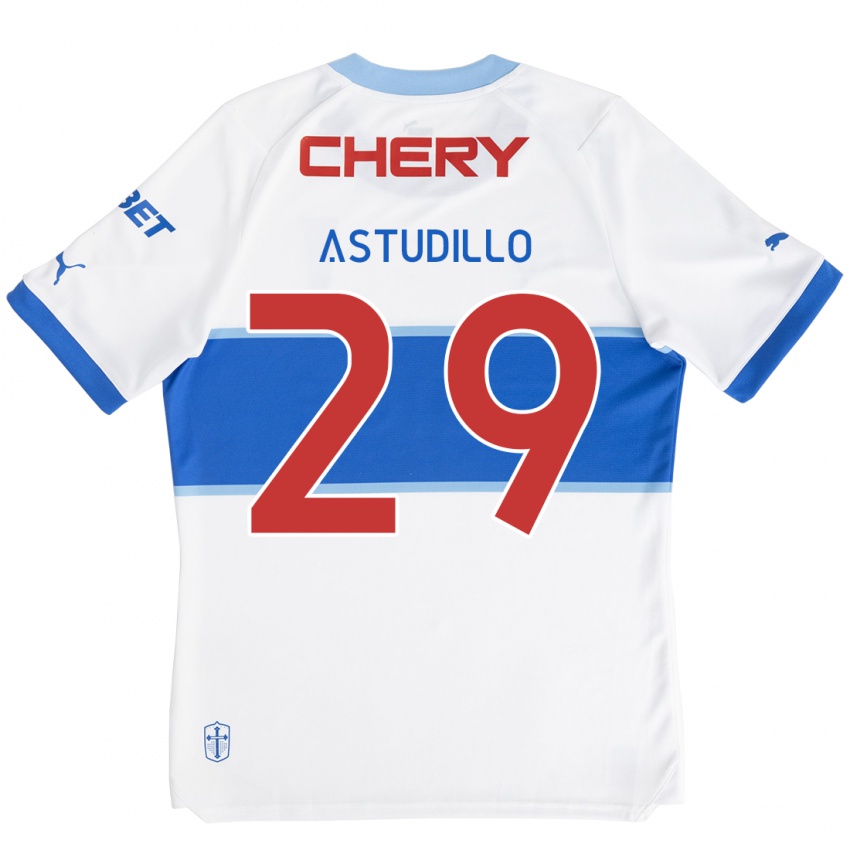 Niño Camiseta Aaron Astudillo #29 Blanco Azul 1ª Equipación 2024/25 La Camisa Chile