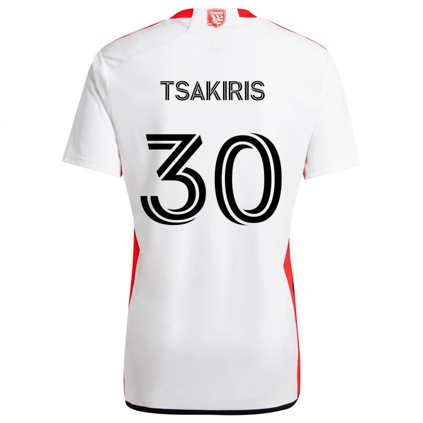 Niño Camiseta Niko Tsakiris #30 Blanco Rojo 2ª Equipación 2024/25 La Camisa Chile