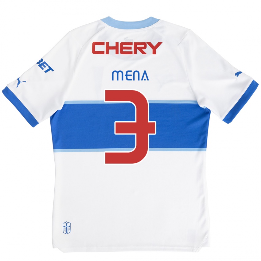 Hombre Camiseta Eugenio Mena #3 Blanco Azul 1ª Equipación 2024/25 La Camisa Chile