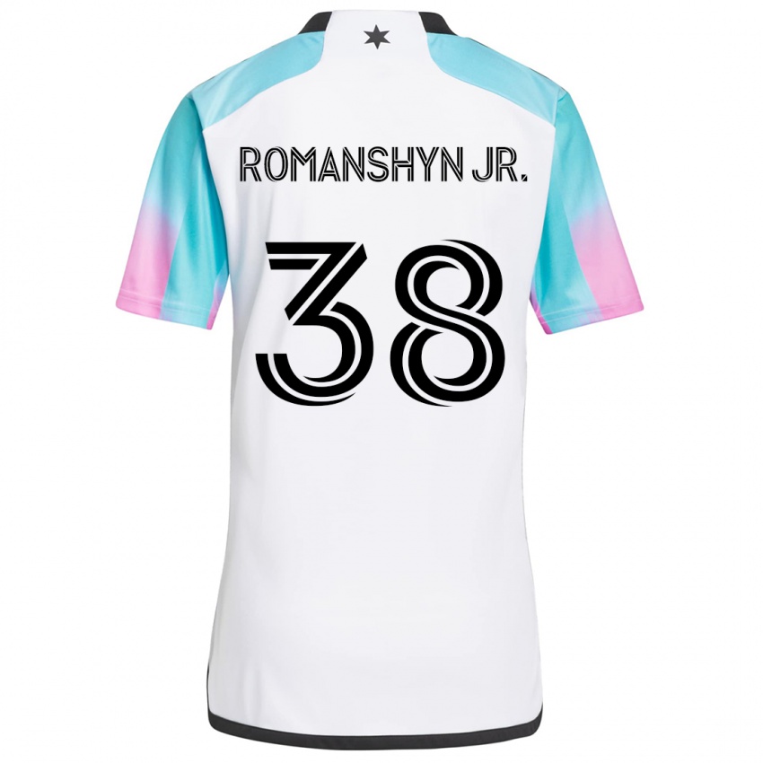 Hombre Camiseta Kage Romanshyn Jr. #38 Blanco Azul Negro 2ª Equipación 2024/25 La Camisa Chile