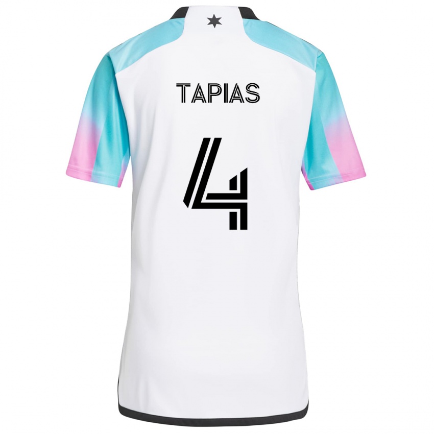 Mujer Camiseta Miguel Tapias #4 Blanco Azul Negro 2ª Equipación 2024/25 La Camisa Chile