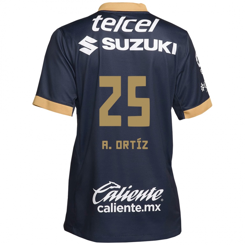 Niño Camiseta Arturo Ortiz #25 Obsidiana Dorada Blanca 2ª Equipación 2024/25 La Camisa Chile