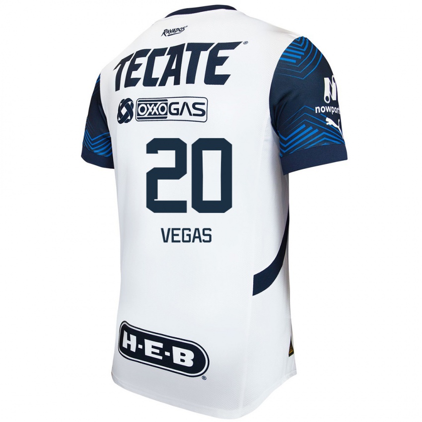 Hombre Camiseta Sebastian Vegas #20 Blanco Azul 2ª Equipación 2024/25 La Camisa Chile