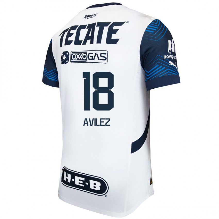 Hombre Camiseta Aylin Avilez #18 Blanco Azul 2ª Equipación 2024/25 La Camisa Chile