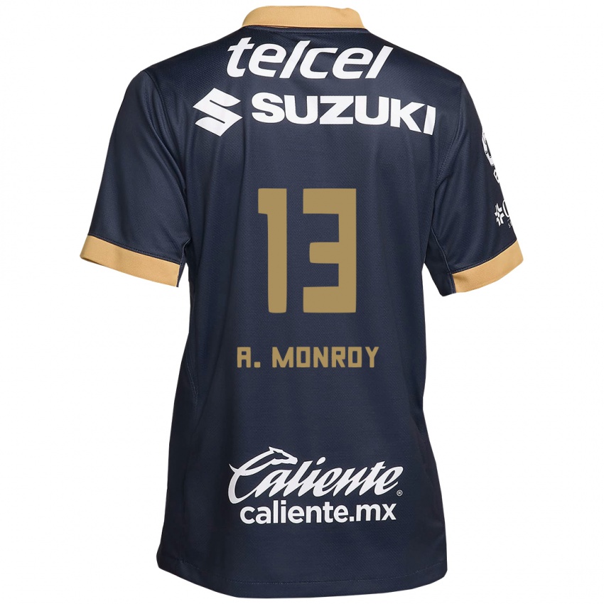 Hombre Camiseta Pablo Monroy #13 Obsidiana Dorada Blanca 2ª Equipación 2024/25 La Camisa Chile