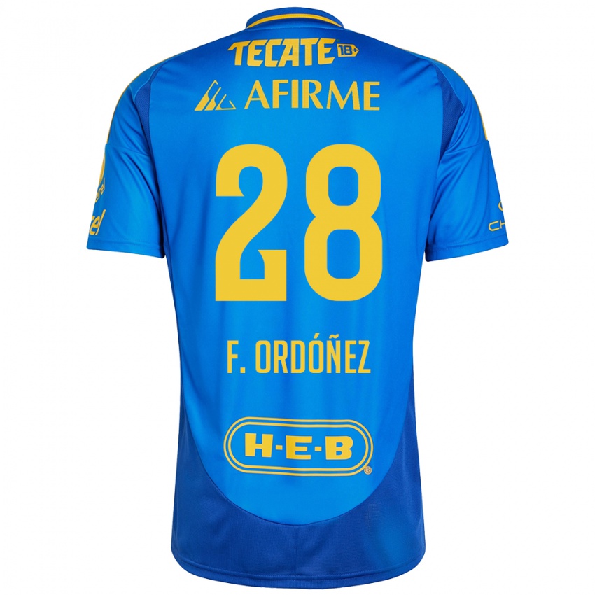 Hombre Camiseta Fernando Ordóñez #28 Azul Amarillo 2ª Equipación 2024/25 La Camisa Chile