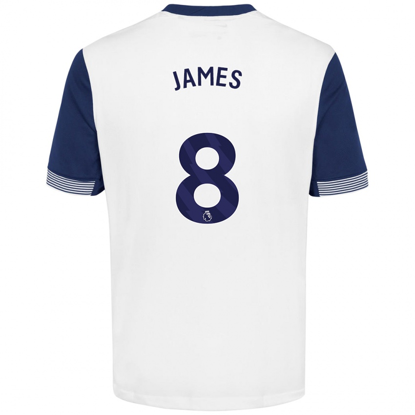 Niño Camiseta Angharad James #8 Blanco Azul 1ª Equipación 2024/25 La Camisa Chile