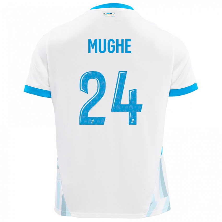 Niño Camiseta François Mughe #24 Blanco Azul Cielo 1ª Equipación 2024/25 La Camisa Chile