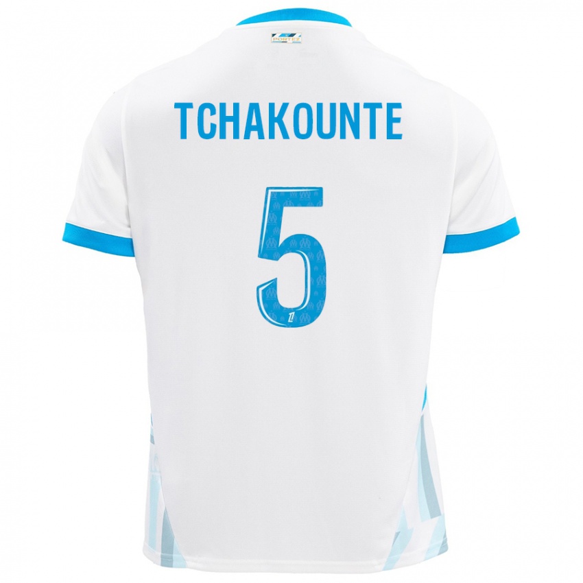 Niño Camiseta Annaëlle Tchakounté #5 Blanco Azul Cielo 1ª Equipación 2024/25 La Camisa Chile