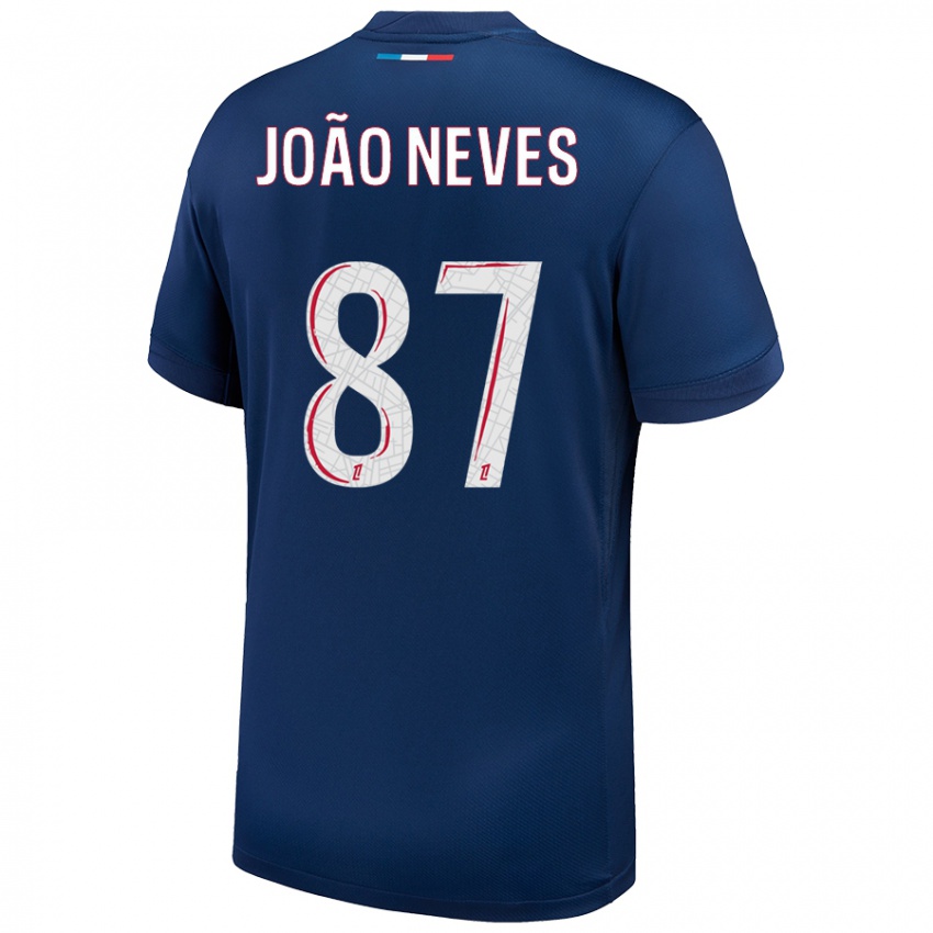 Niño Camiseta João Neves #87 Azul Marino Blanco 1ª Equipación 2024/25 La Camisa Chile