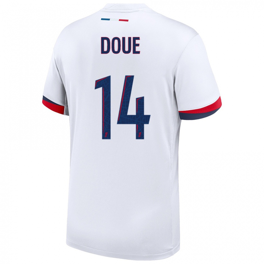 Niño Camiseta Désiré Doué #14 Blanco Azul Rojo 2ª Equipación 2024/25 La Camisa Chile